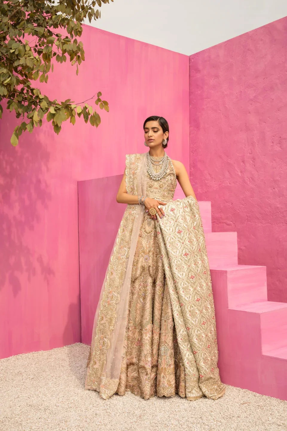 Muted Peach Embroidered Net Lehenga Set (3-Piece) - Image 1