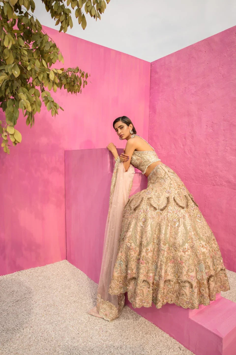 Muted Peach Embroidered Net Lehenga Set (3-Piece) - Image 2