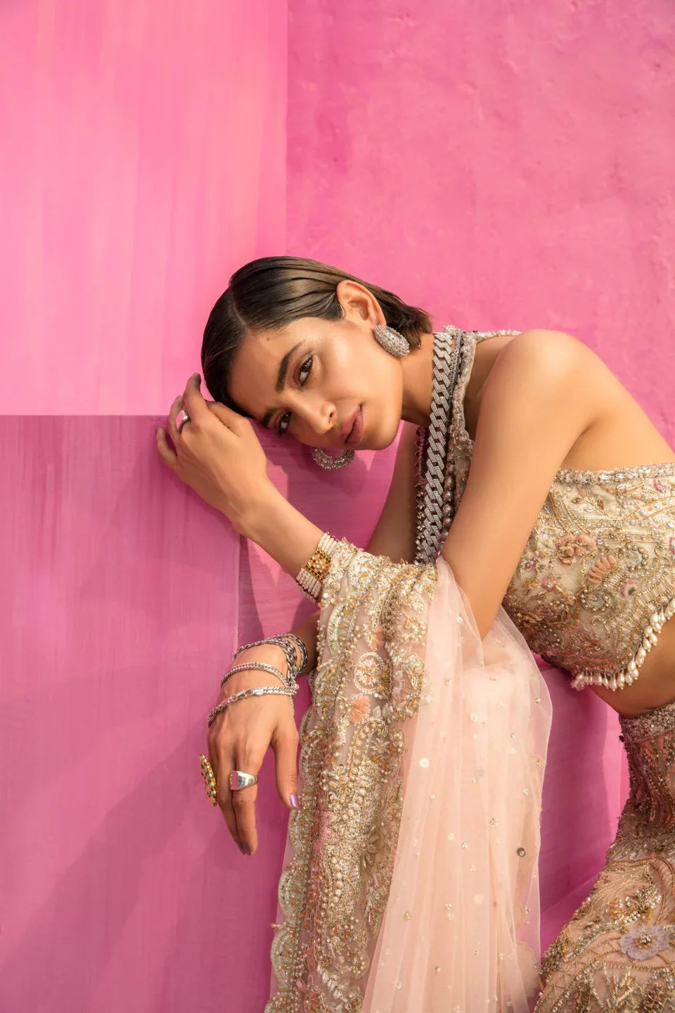 Muted Peach Embroidered Net Lehenga Set (3-Piece) - Image 3