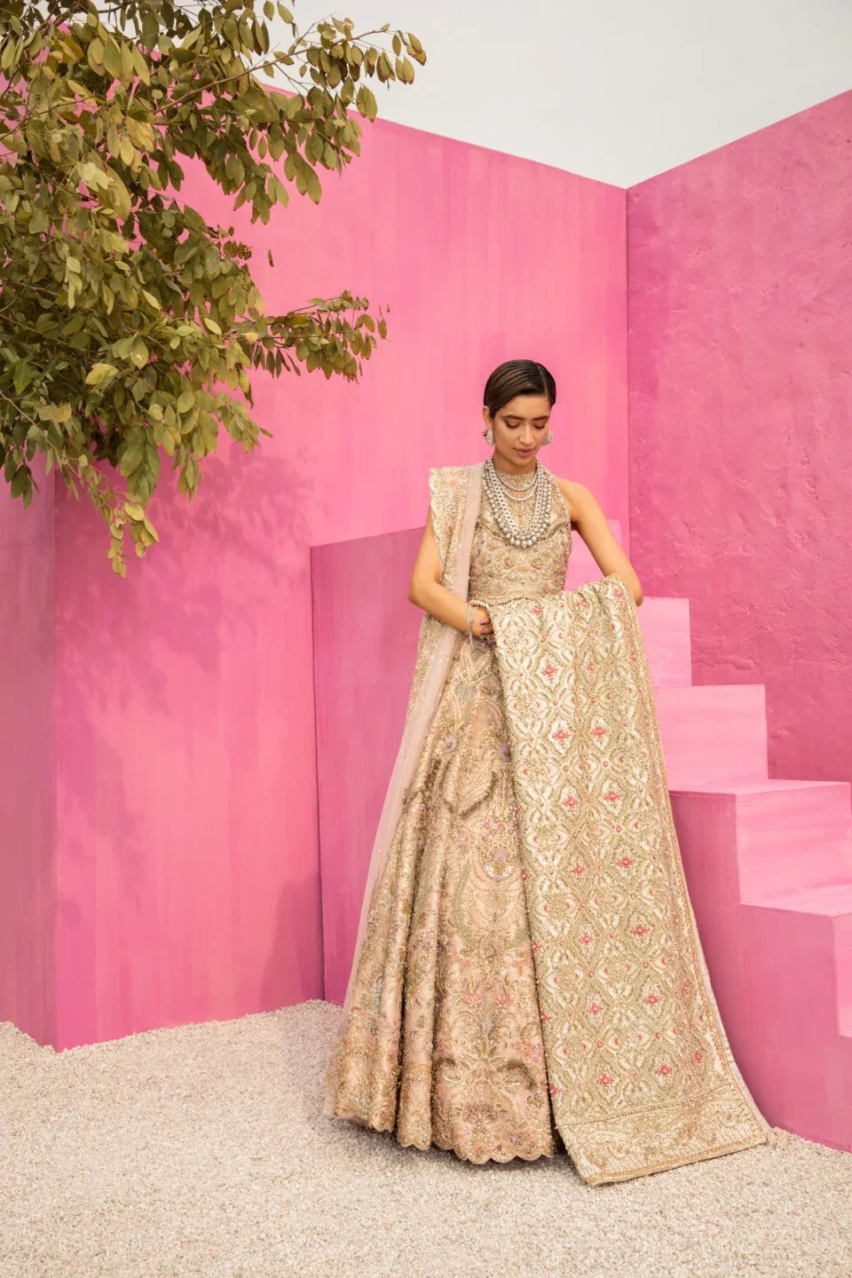 Muted Peach Embroidered Net Lehenga Set (3-Piece) - Image 4