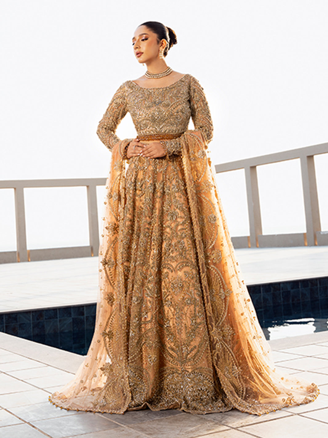 Antique Peach Embellished Net Lehenga Choli (3-Piece) - Image 1
