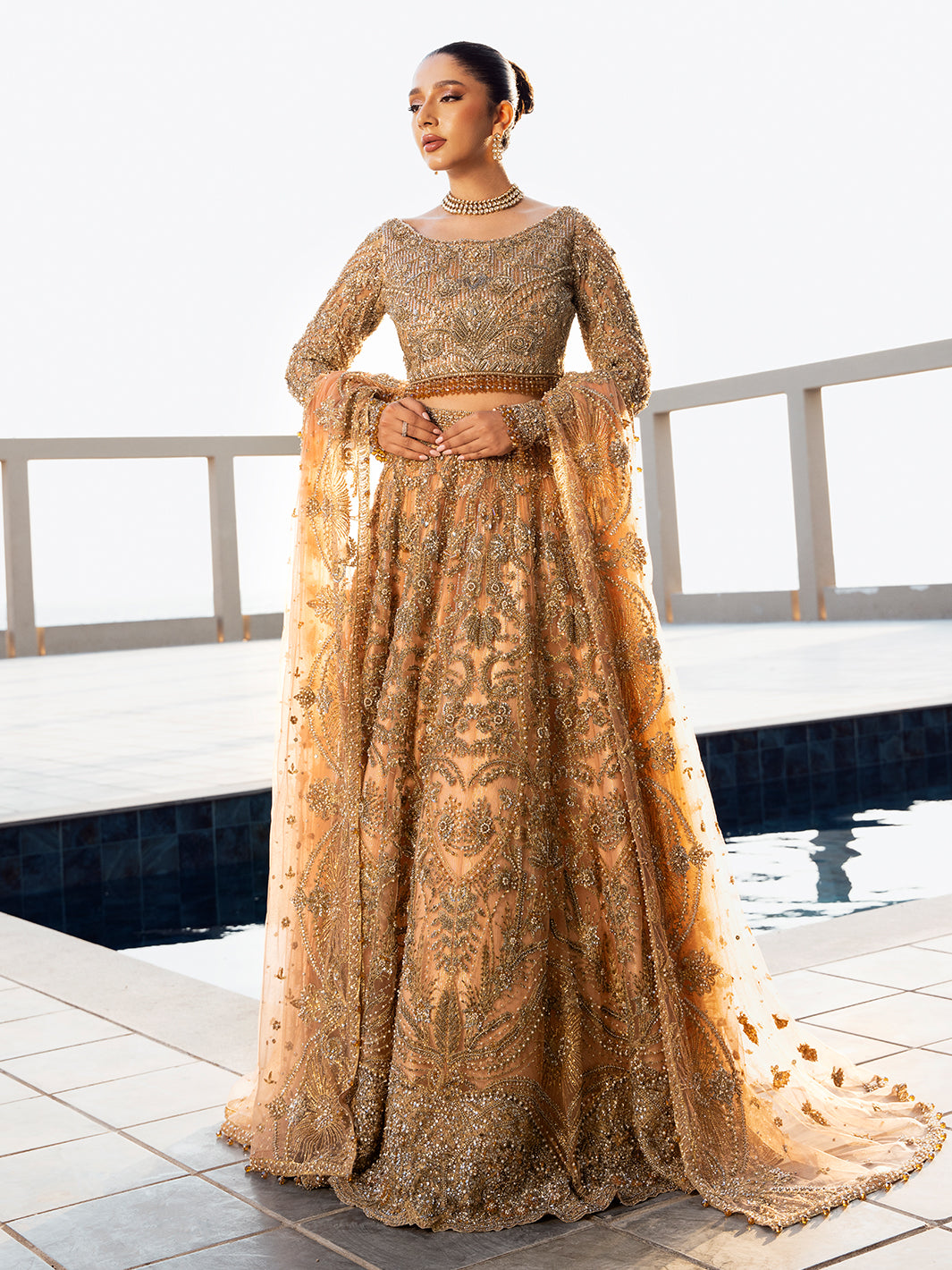 Antique Peach Embellished Net Lehenga Choli (3-Piece) - Image 10