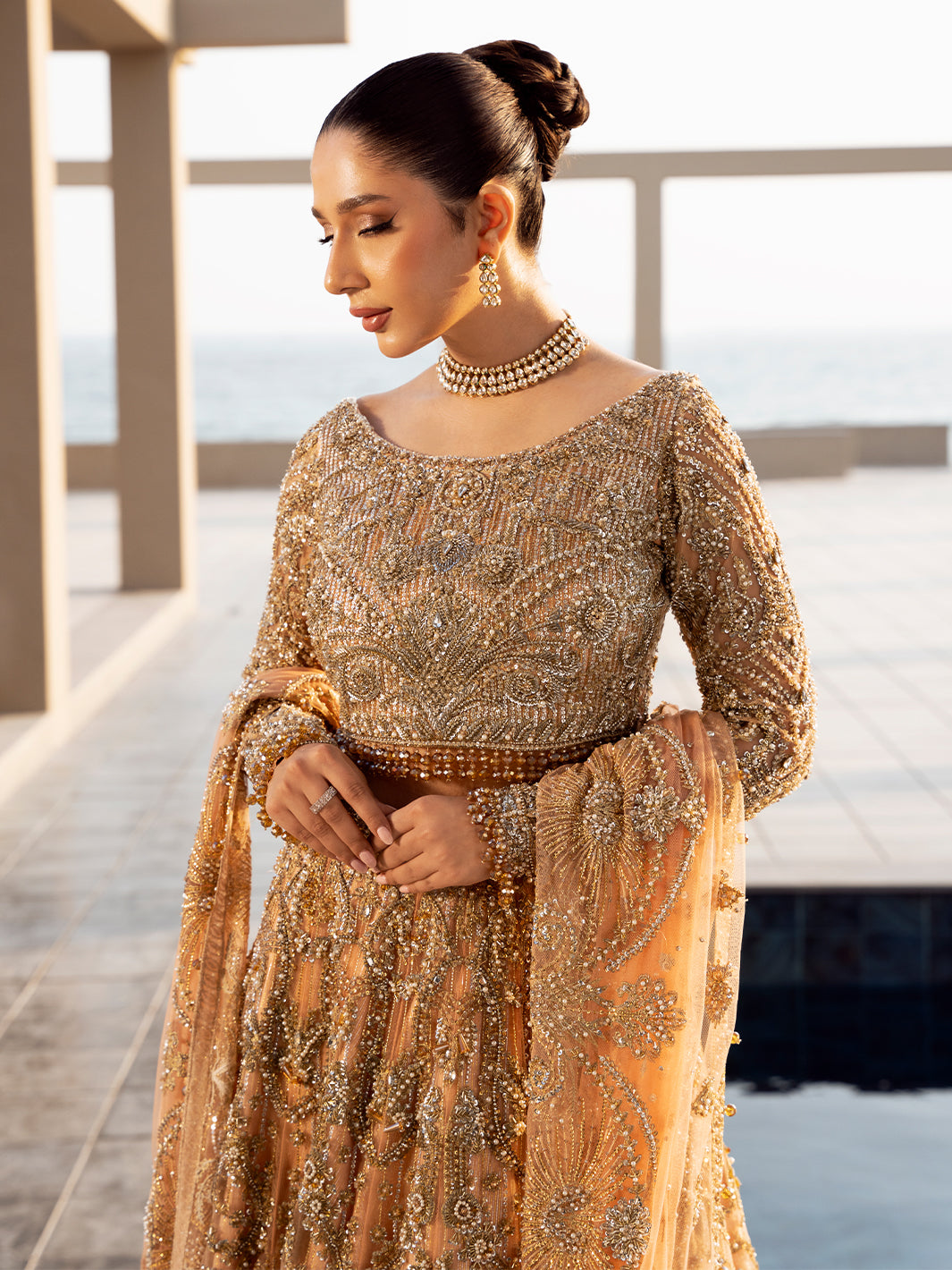 Antique Peach Embellished Net Lehenga Choli (3-Piece) - Image 2