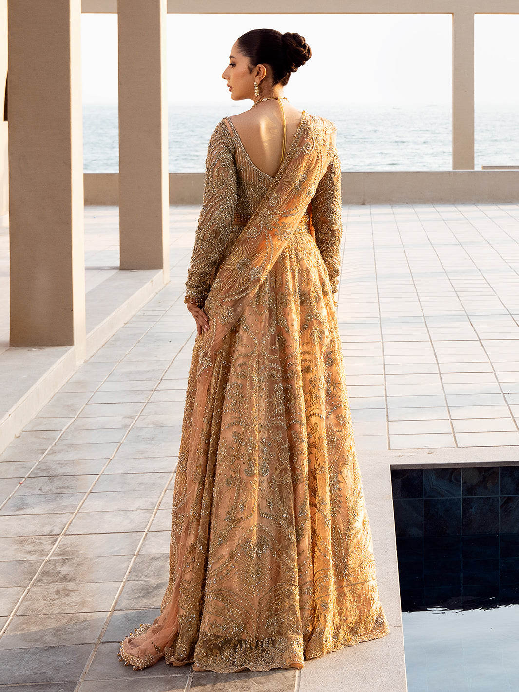 Antique Peach Embellished Net Lehenga Choli (3-Piece) - Image 3