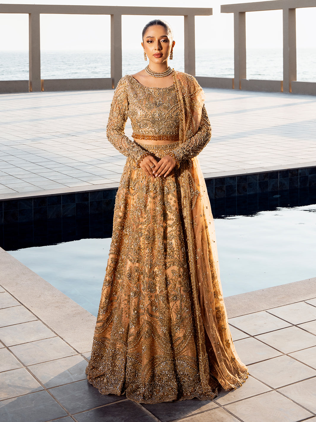 Antique Peach Embellished Net Lehenga Choli (3-Piece) - Image 4