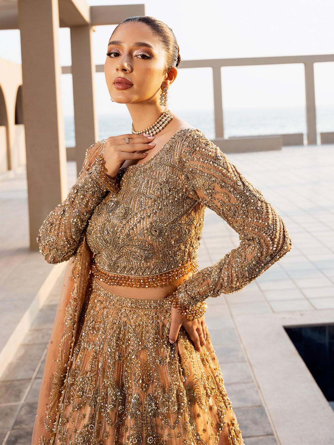 Antique Peach Embellished Net Lehenga Choli (3-Piece) - Image 5