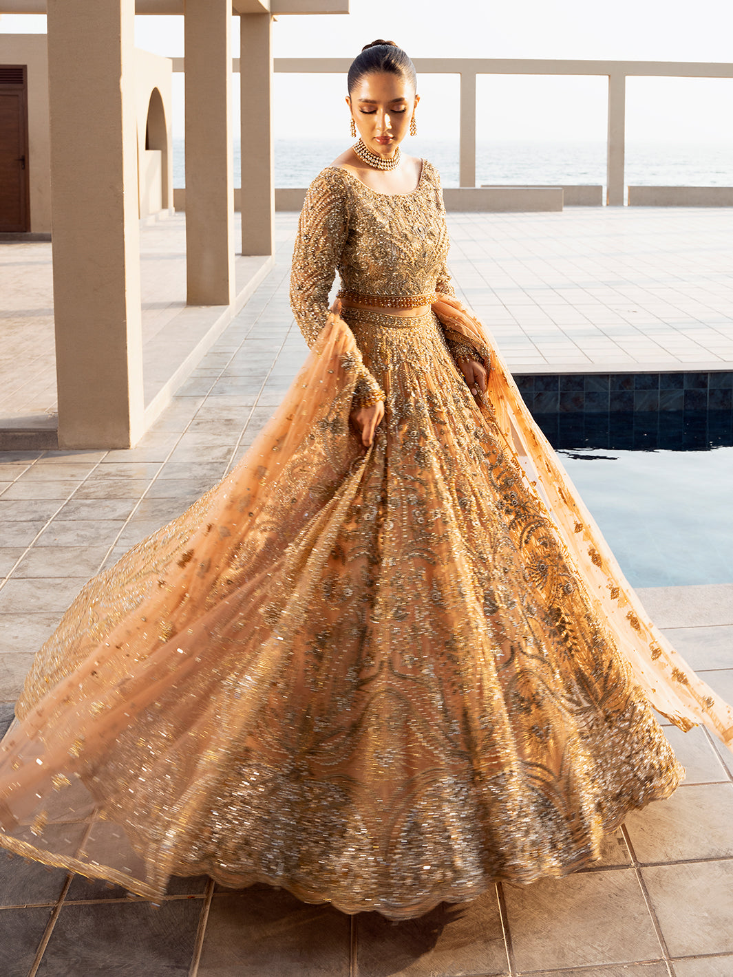 Antique Peach Embellished Net Lehenga Choli (3-Piece) - Image 7