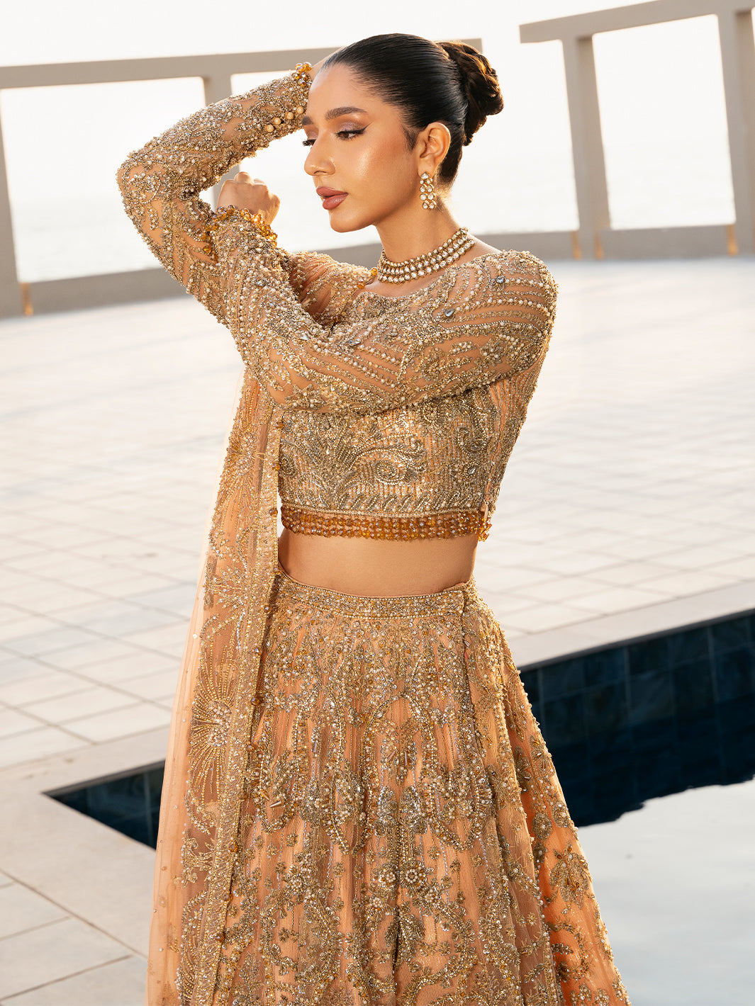 Antique Peach Embellished Net Lehenga Choli (3-Piece) - Image 8