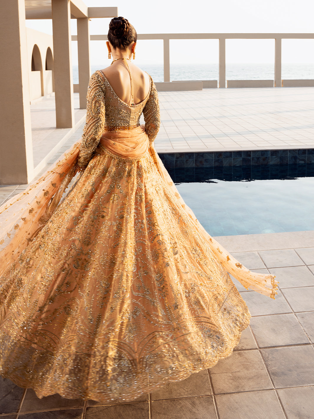 Antique Peach Embellished Net Lehenga Choli (3-Piece) - Image 9