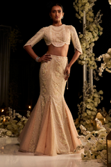 Pakistani Powder Peach Embroidered Net Fish Cut Lehenga (2-Piece) - Image 2