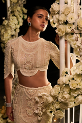 Pakistani Powder Peach Embroidered Net Fish Cut Lehenga (2-Piece) - Image 4