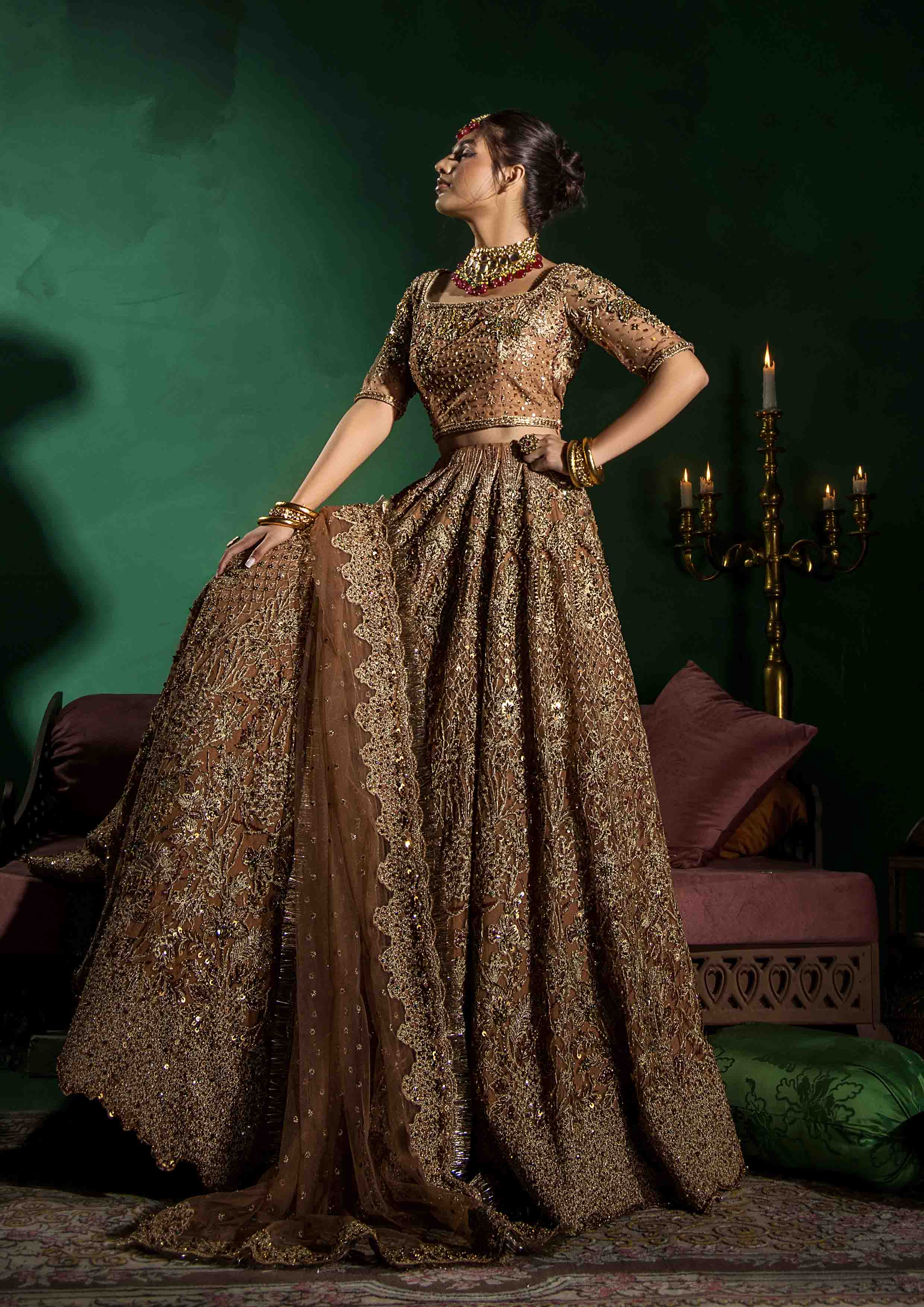 Pakistani Dusty Peach Tilla Embroidered Net Lehenga Choli (3-Piece) - Image 1