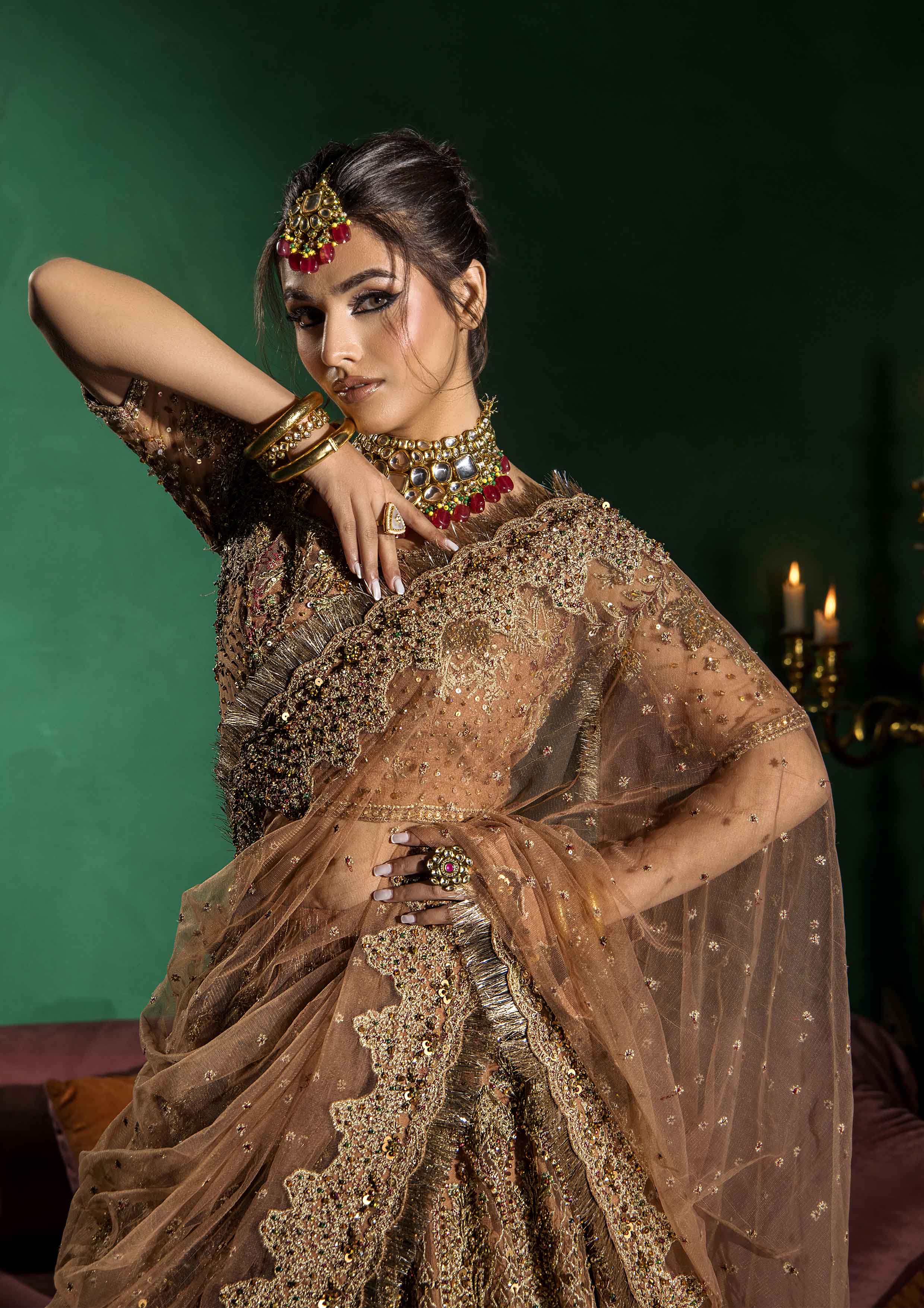 Pakistani Dusty Peach Tilla Embroidered Net Lehenga Choli (3-Piece) - Image 2
