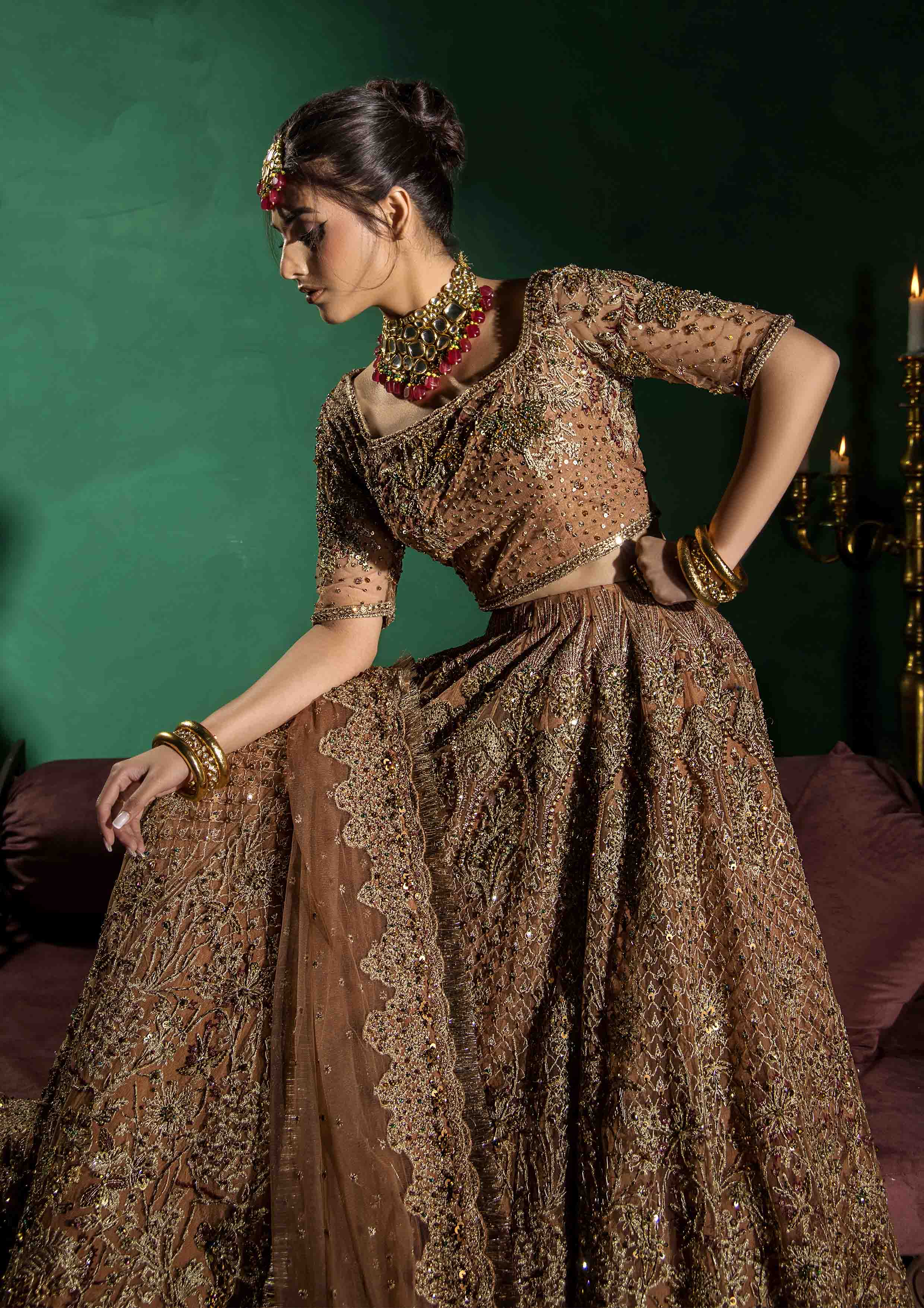 Pakistani Dusty Peach Tilla Embroidered Net Lehenga Choli (3-Piece) - Image 4