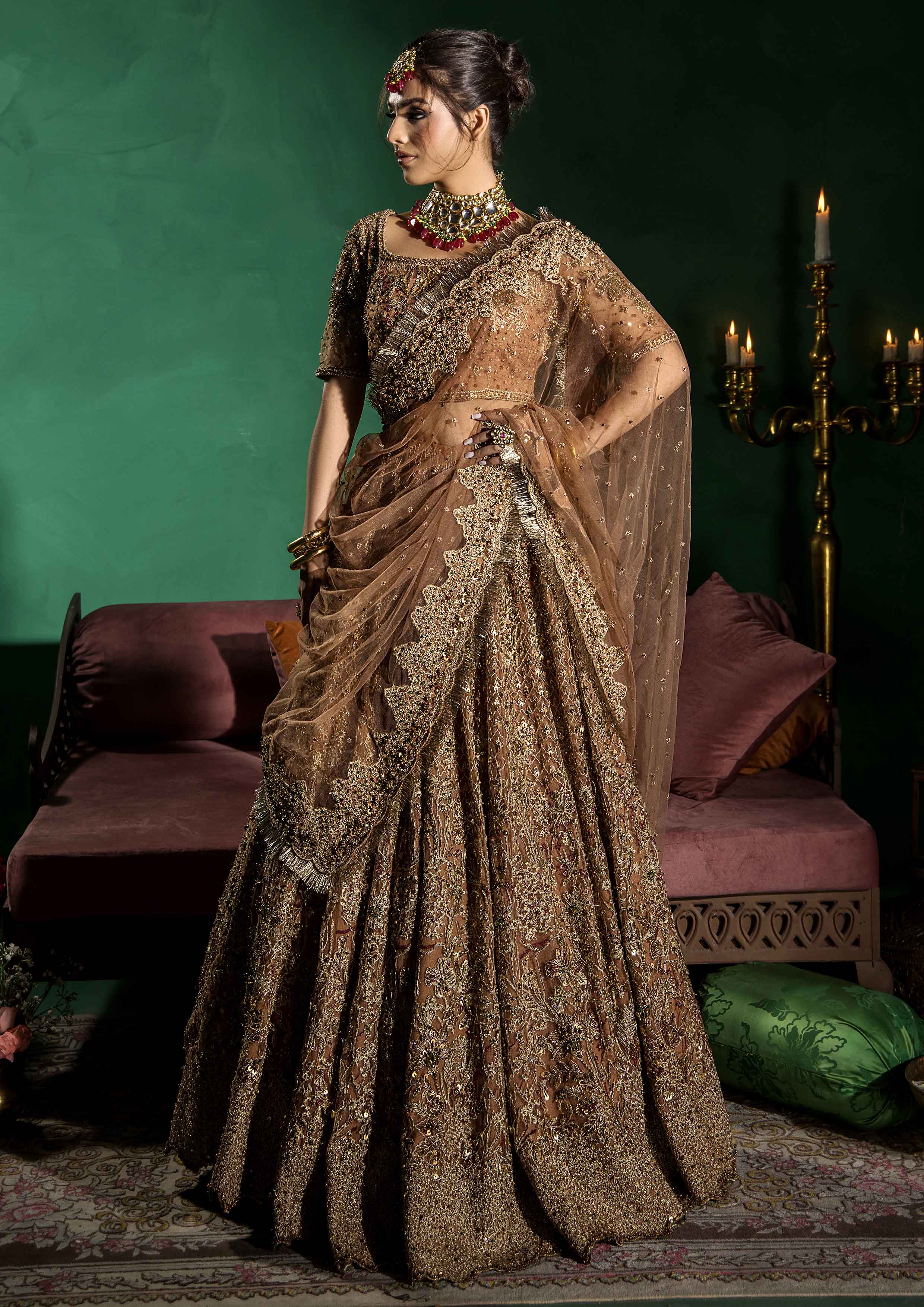 Pakistani Dusty Peach Tilla Embroidered Net Lehenga Choli (3-Piece) - Image 6