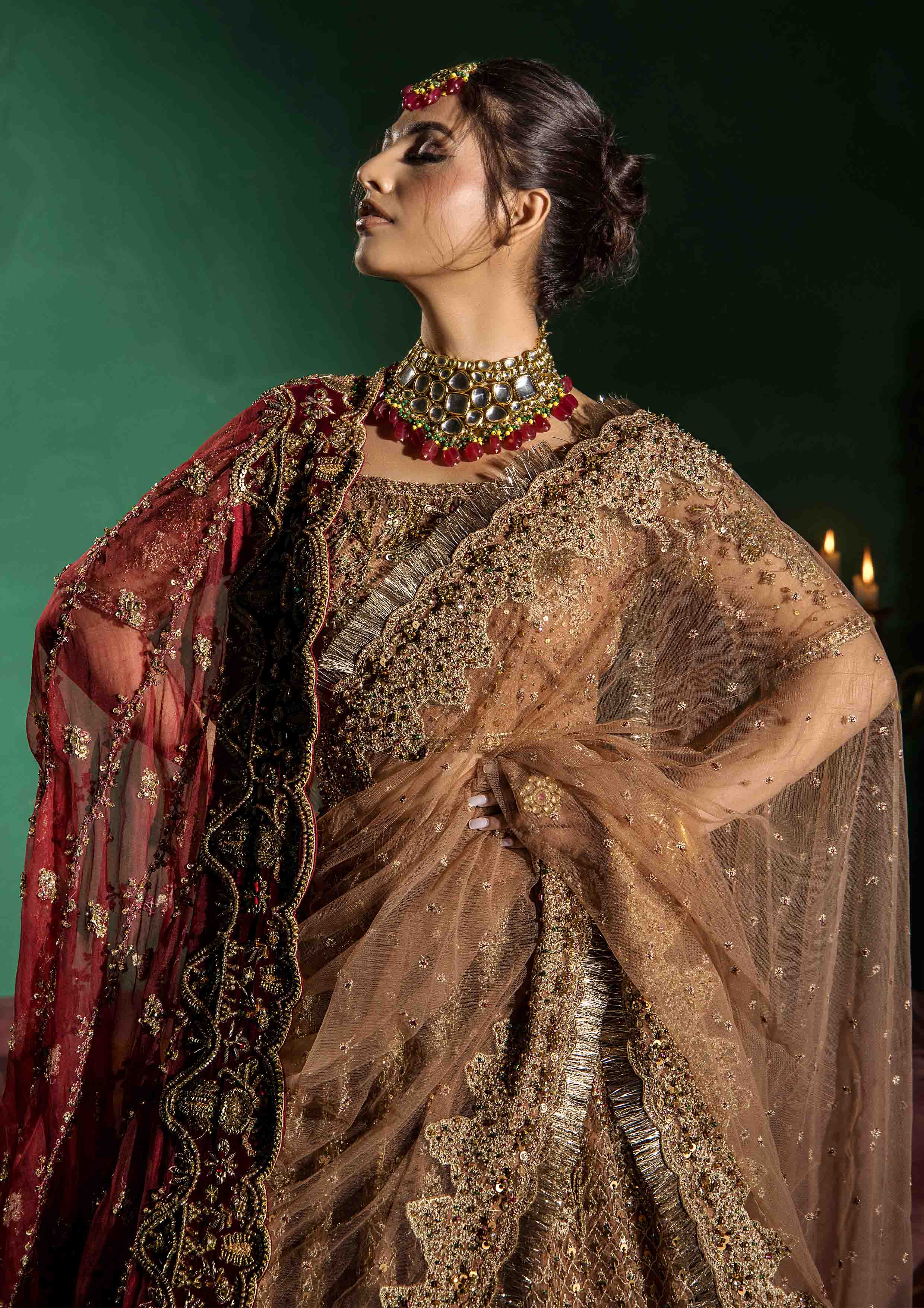 Pakistani Dusty Peach Tilla Embroidered Net Lehenga Choli (3-Piece) - Image 8