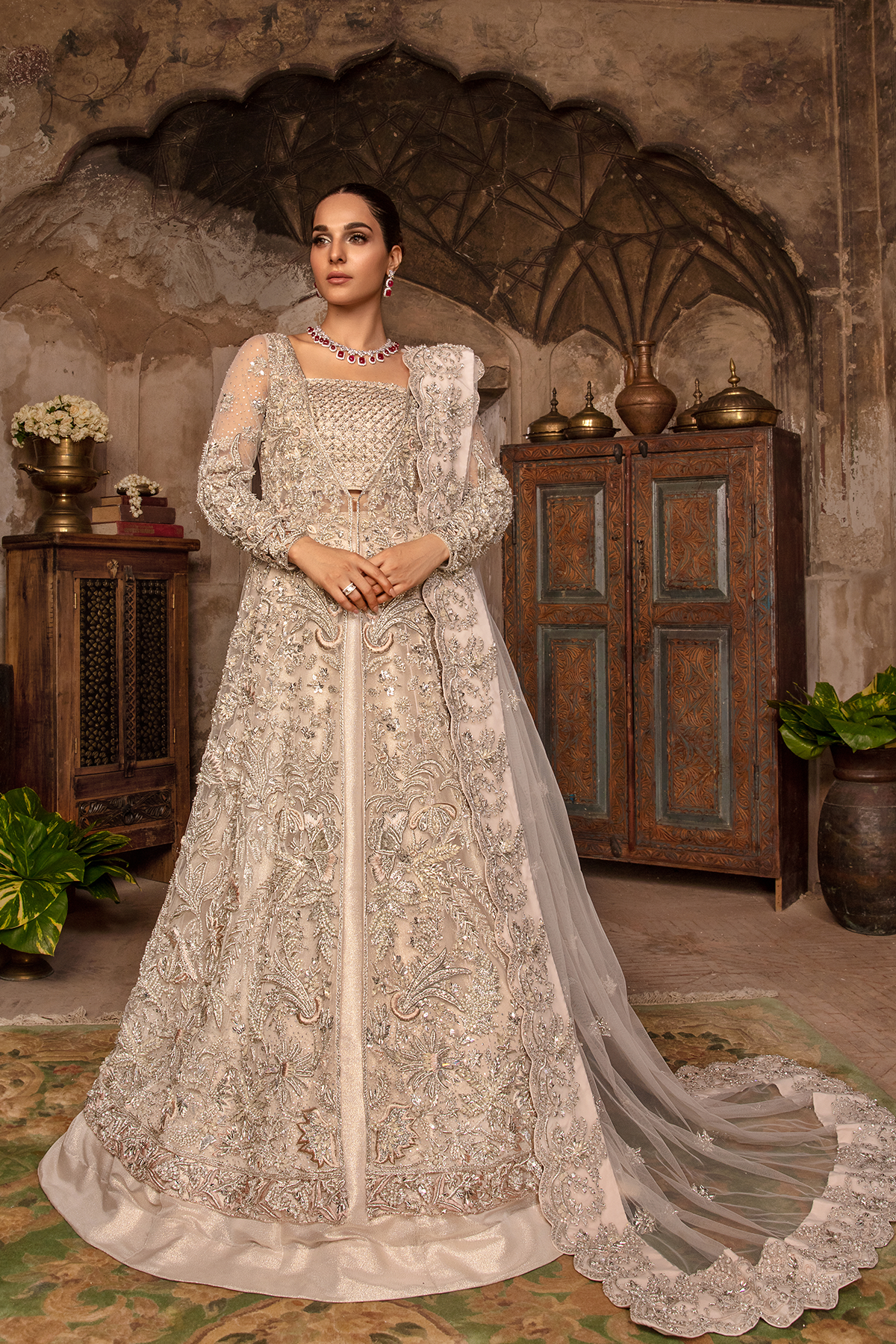 Peach Nude Embellished Net Bridal Gown (3-Piece) - Image 1