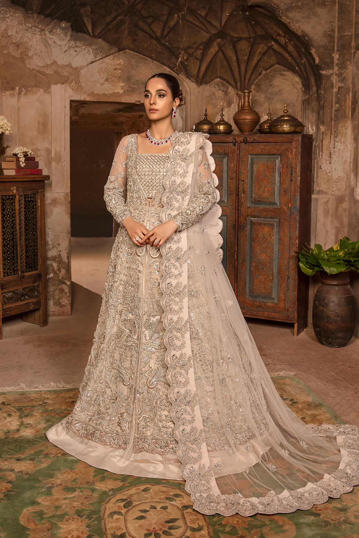 Peach Nude Embellished Net Bridal Gown (3-Piece) - Image 4