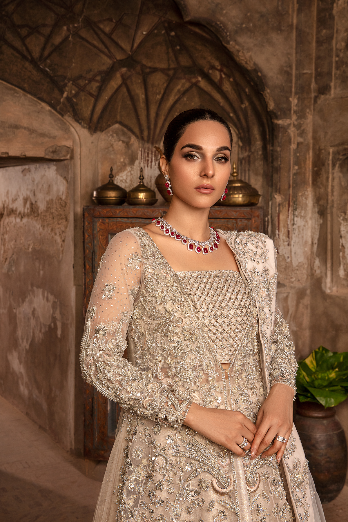 Peach Nude Embellished Net Bridal Gown (3-Piece) - Image 7