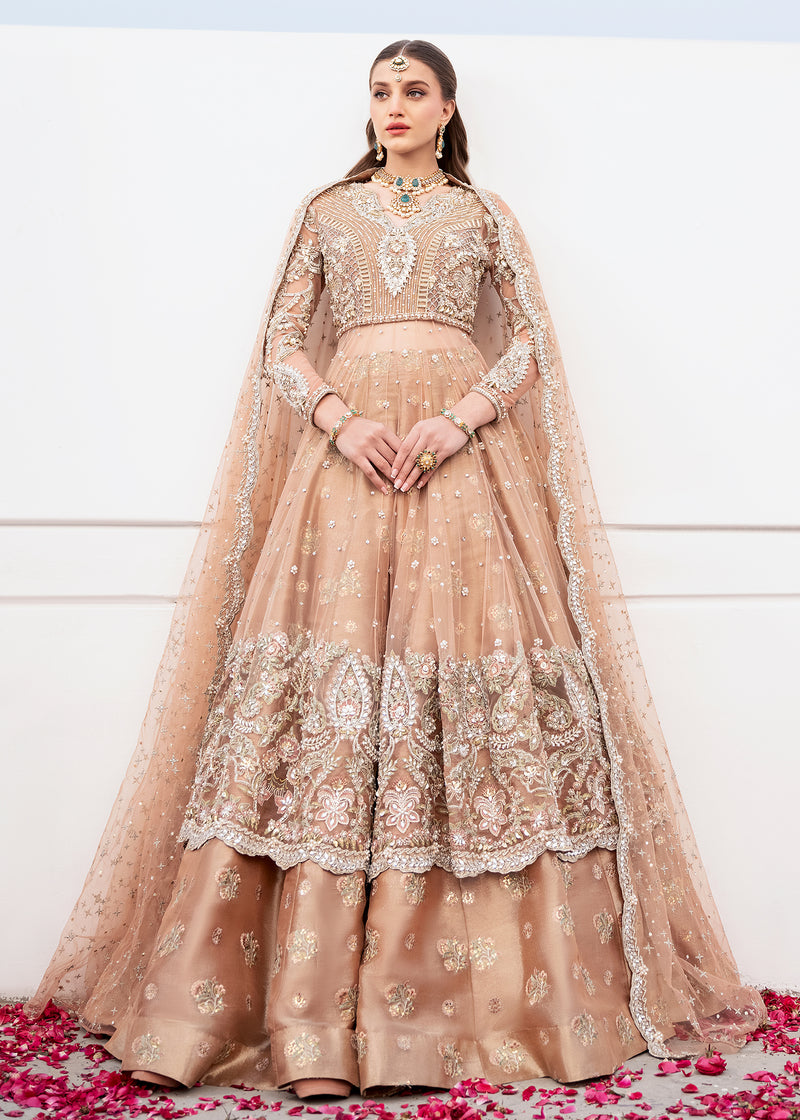 Pakistani Soft Peach Embroidered Net & Tissue Bridal Lehenga (3-Piece) - Image 1