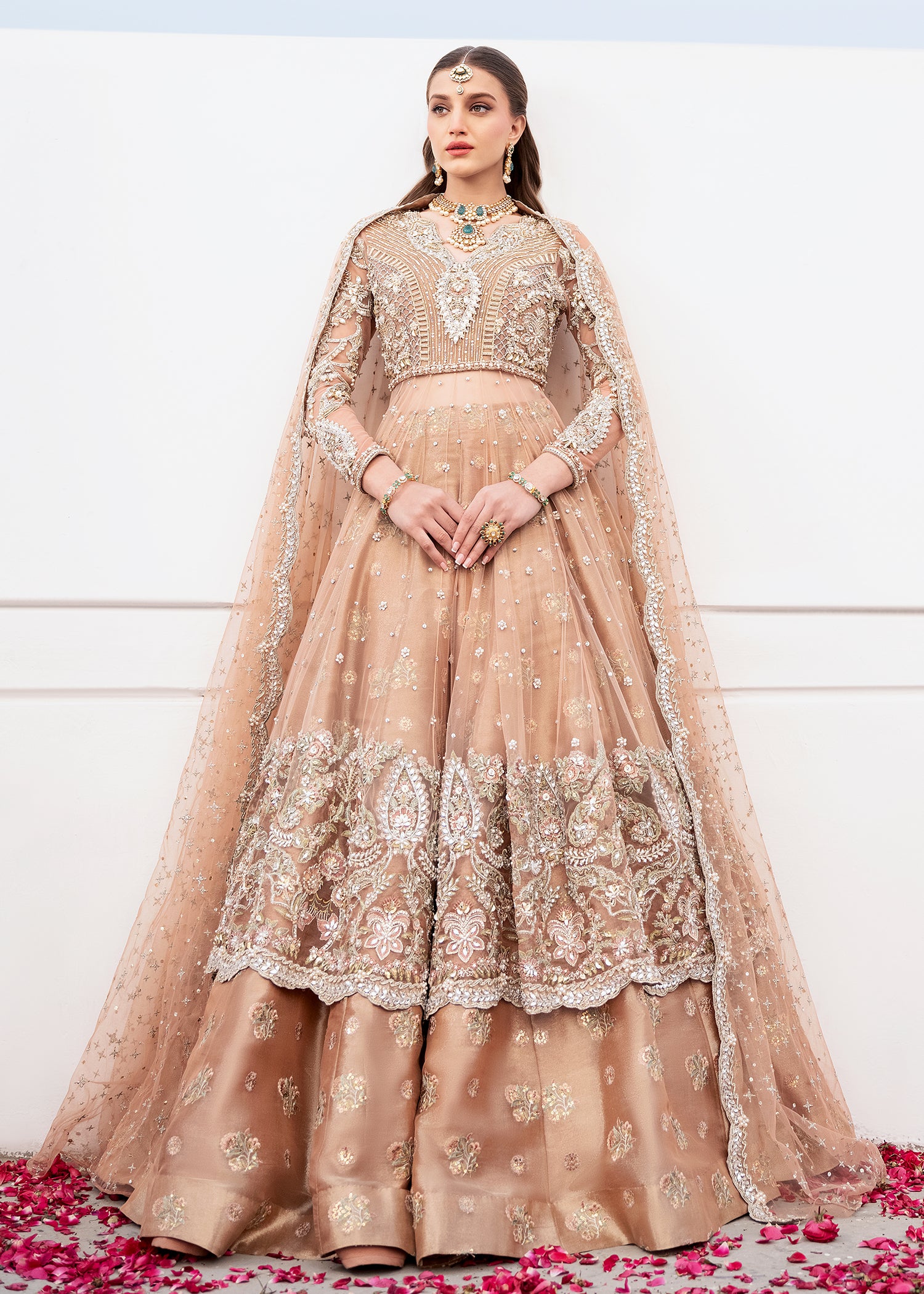 Pakistani Soft Peach Embroidered Net & Tissue Bridal Lehenga (3-Piece) - Image 2