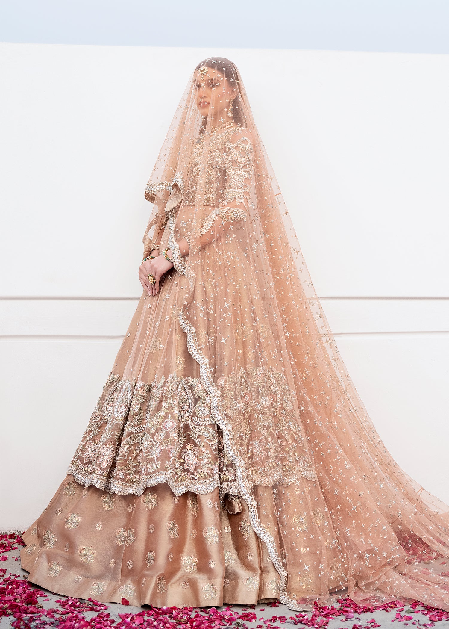 Pakistani Soft Peach Embroidered Net & Tissue Bridal Lehenga (3-Piece) - Image 4