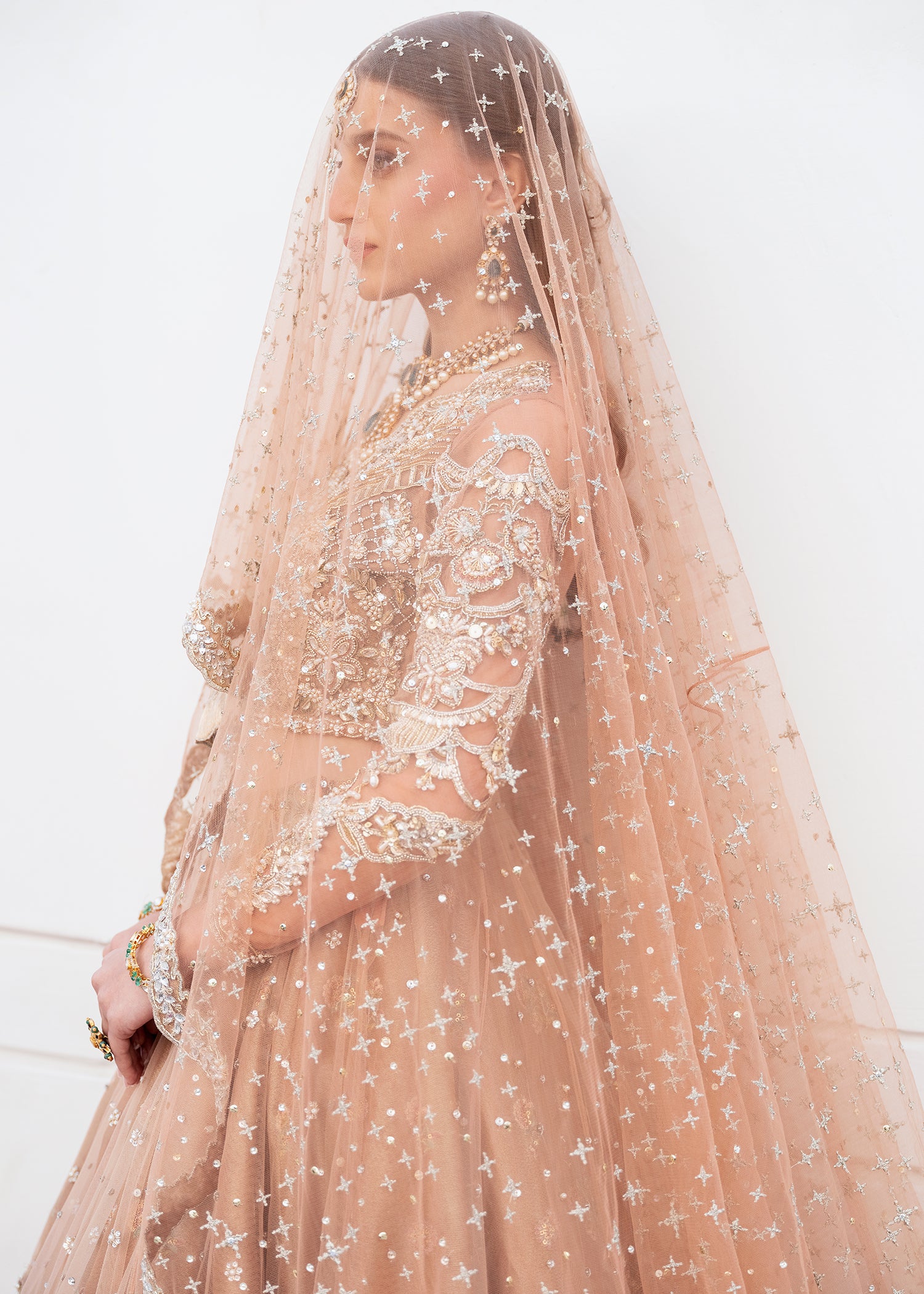 Pakistani Soft Peach Embroidered Net & Tissue Bridal Lehenga (3-Piece) - Image 5