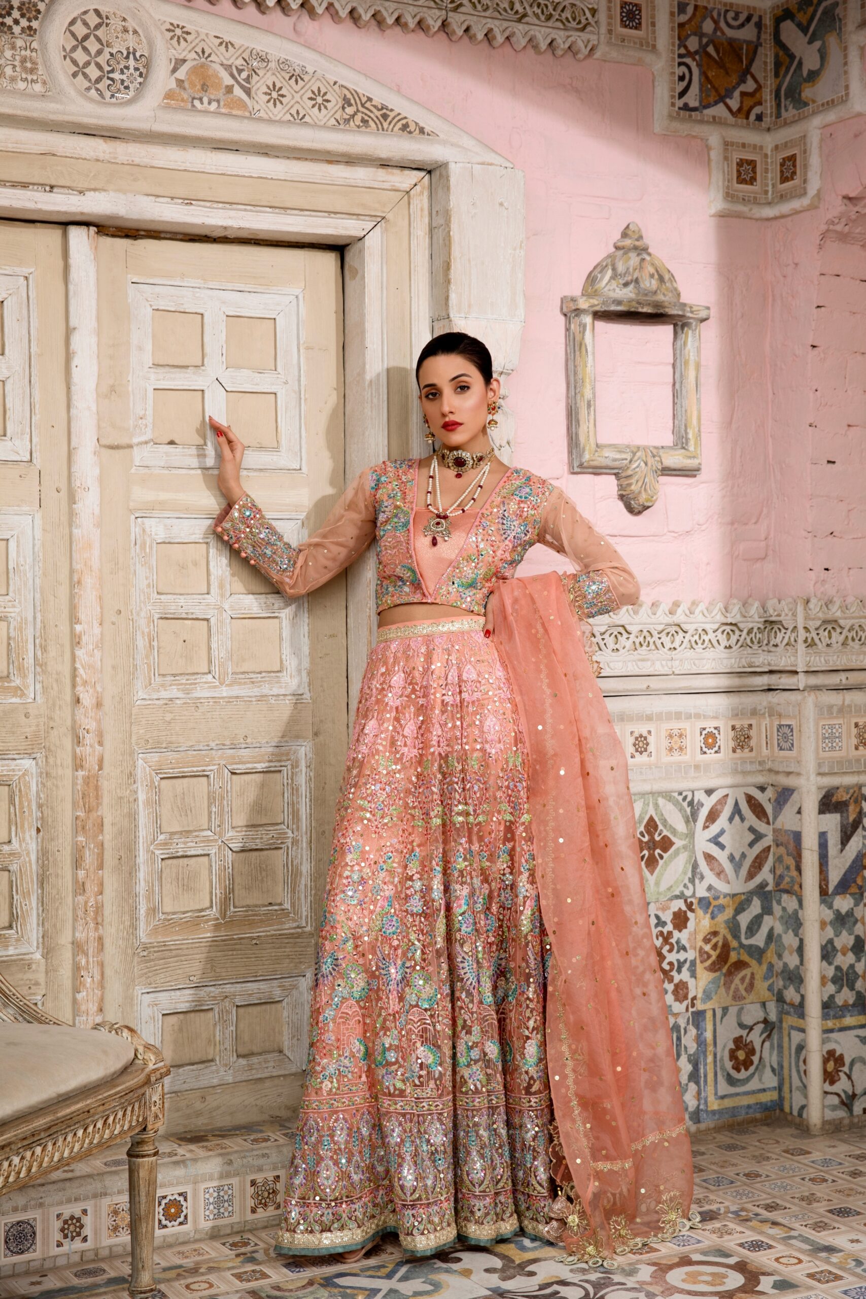 Pakistani Pastel Peach Rose Gold Hand-Embroidered Bridal Lehenga (3-Piece) - Image 1