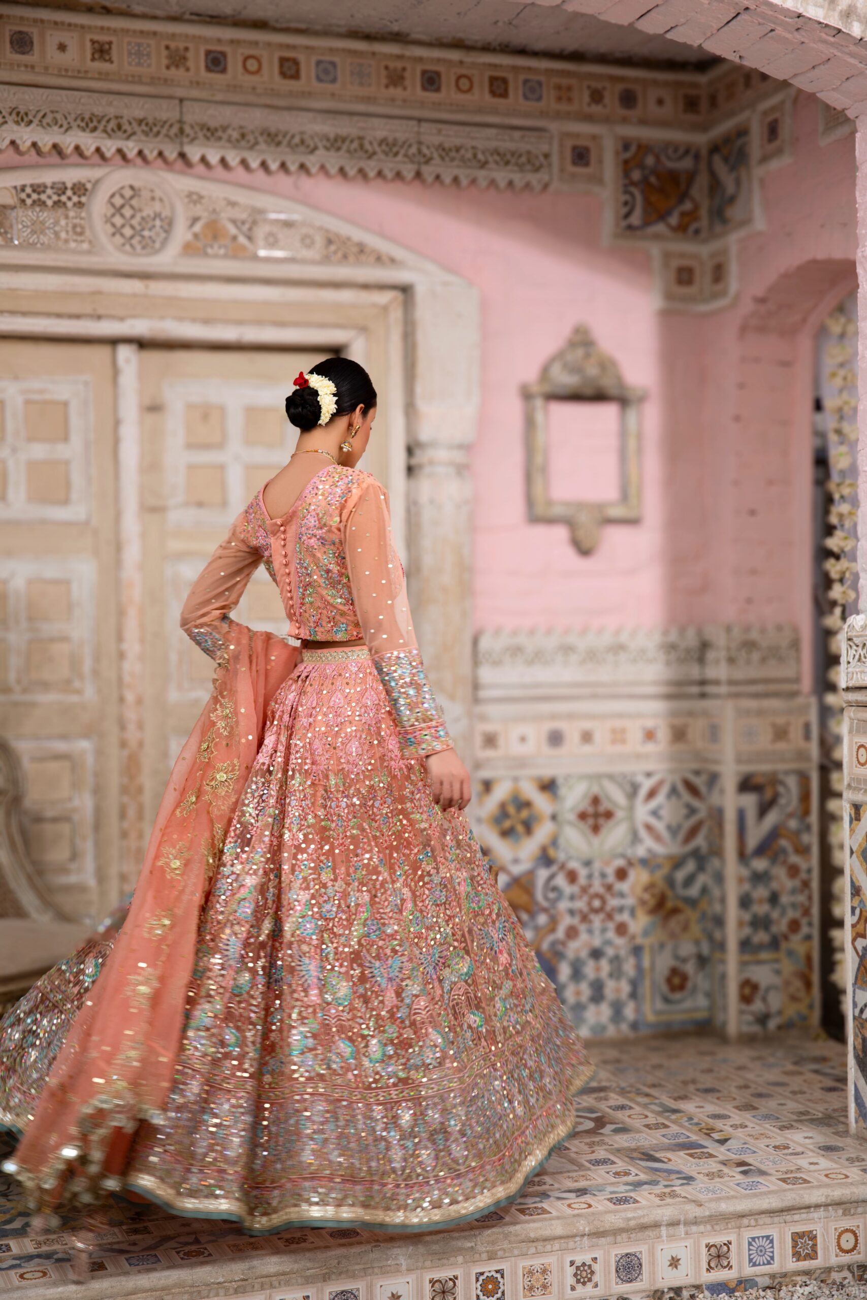 Pakistani Pastel Peach Rose Gold Hand-Embroidered Bridal Lehenga (3-Piece) - Image 2