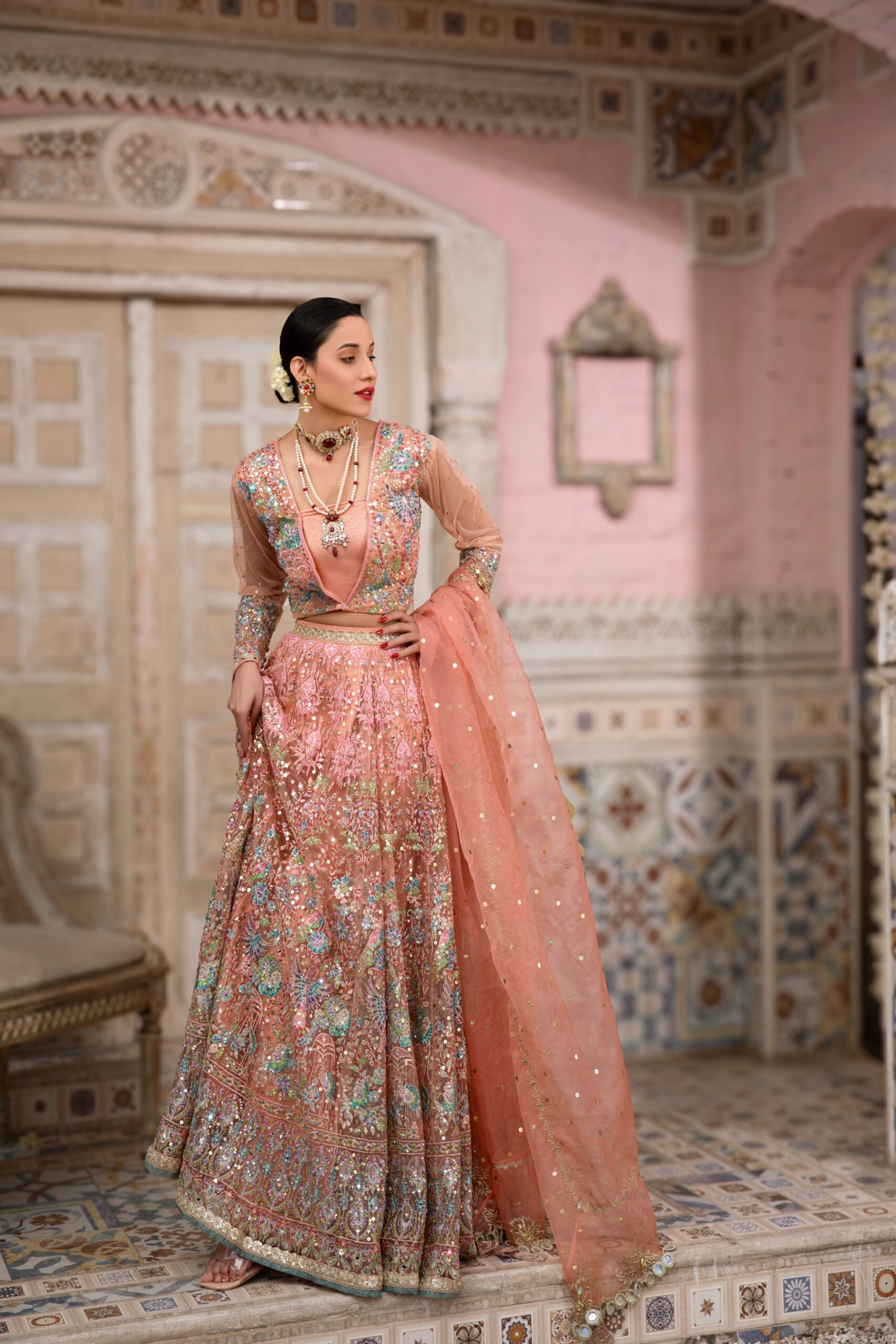 Pakistani Pastel Peach Rose Gold Hand-Embroidered Bridal Lehenga (3-Piece) - Image 3