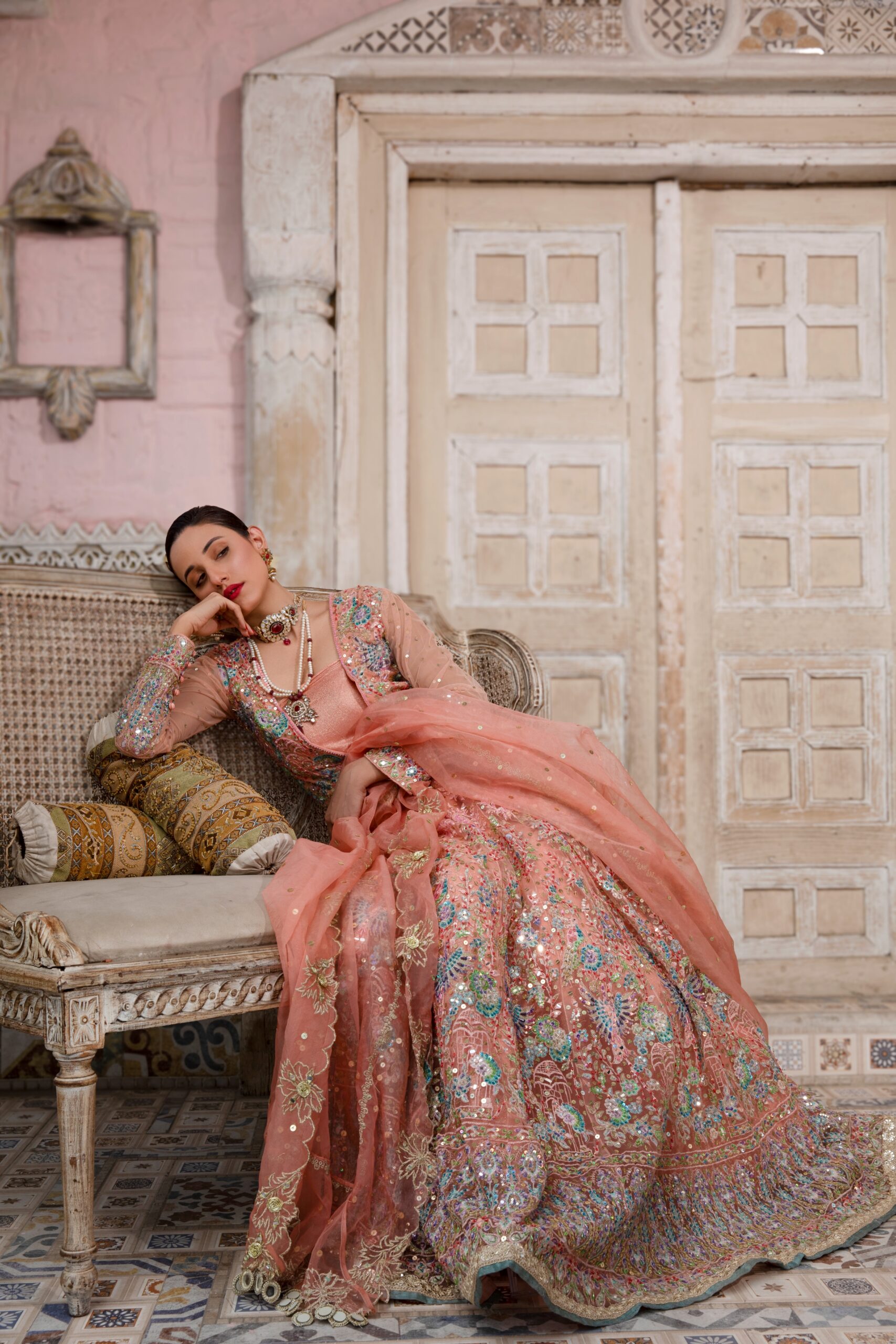 Pakistani Pastel Peach Rose Gold Hand-Embroidered Bridal Lehenga (3-Piece) - Image 4