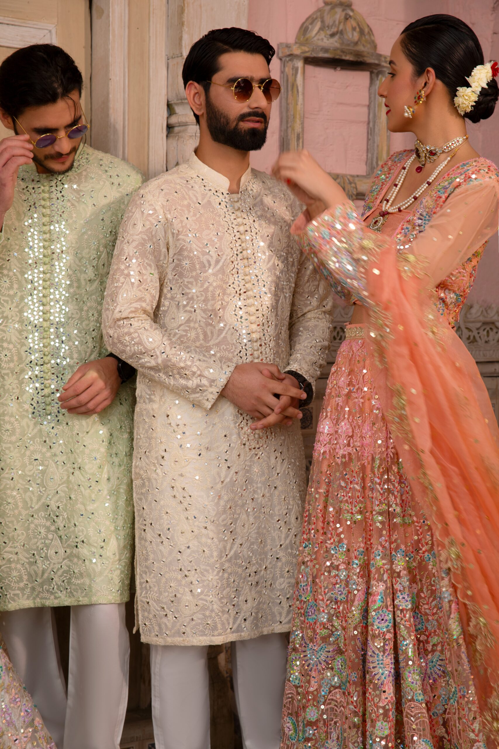 Pakistani Pastel Peach Rose Gold Hand-Embroidered Bridal Lehenga (3-Piece) - Image 5