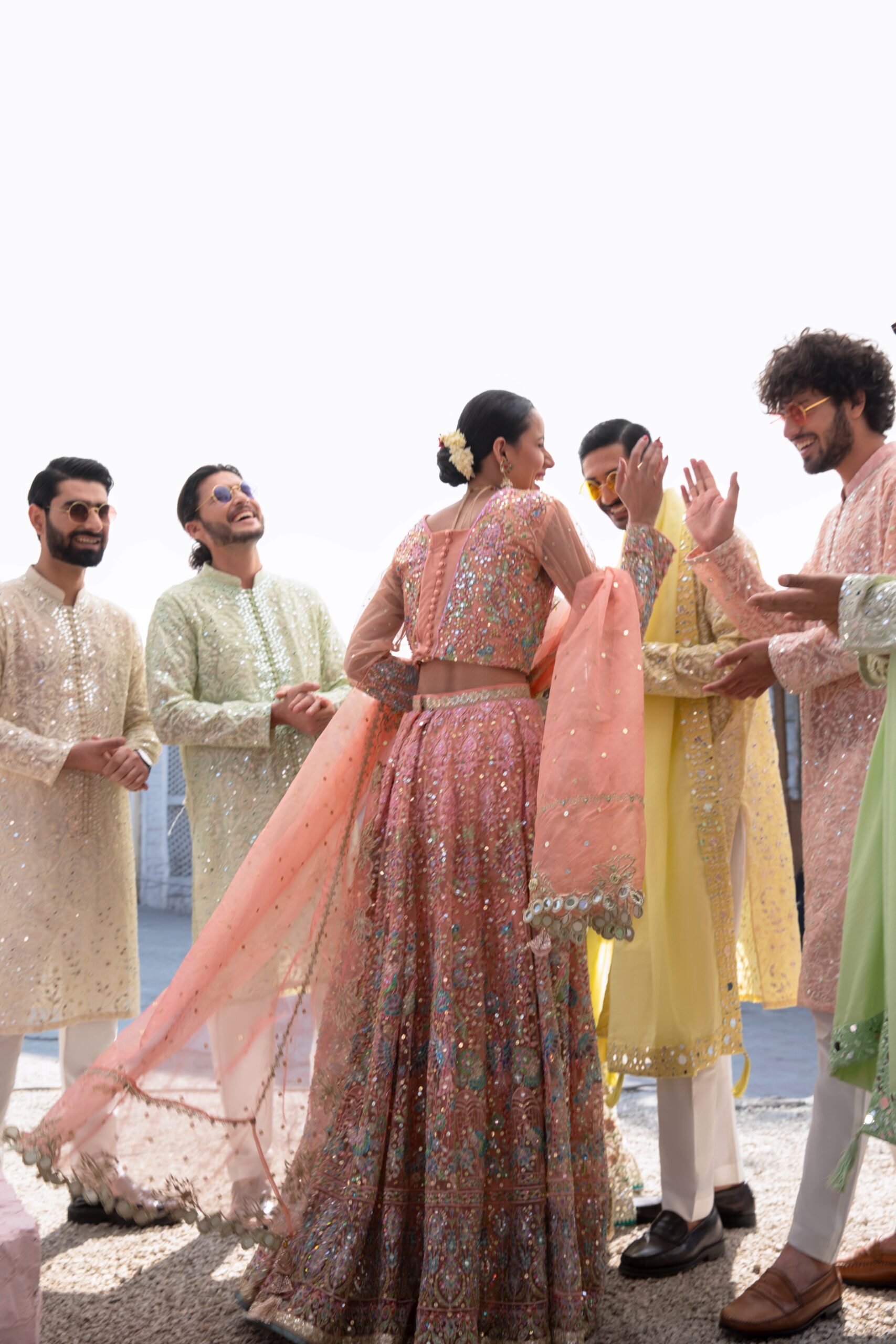 Pakistani Pastel Peach Rose Gold Hand-Embroidered Bridal Lehenga (3-Piece) - Image 8