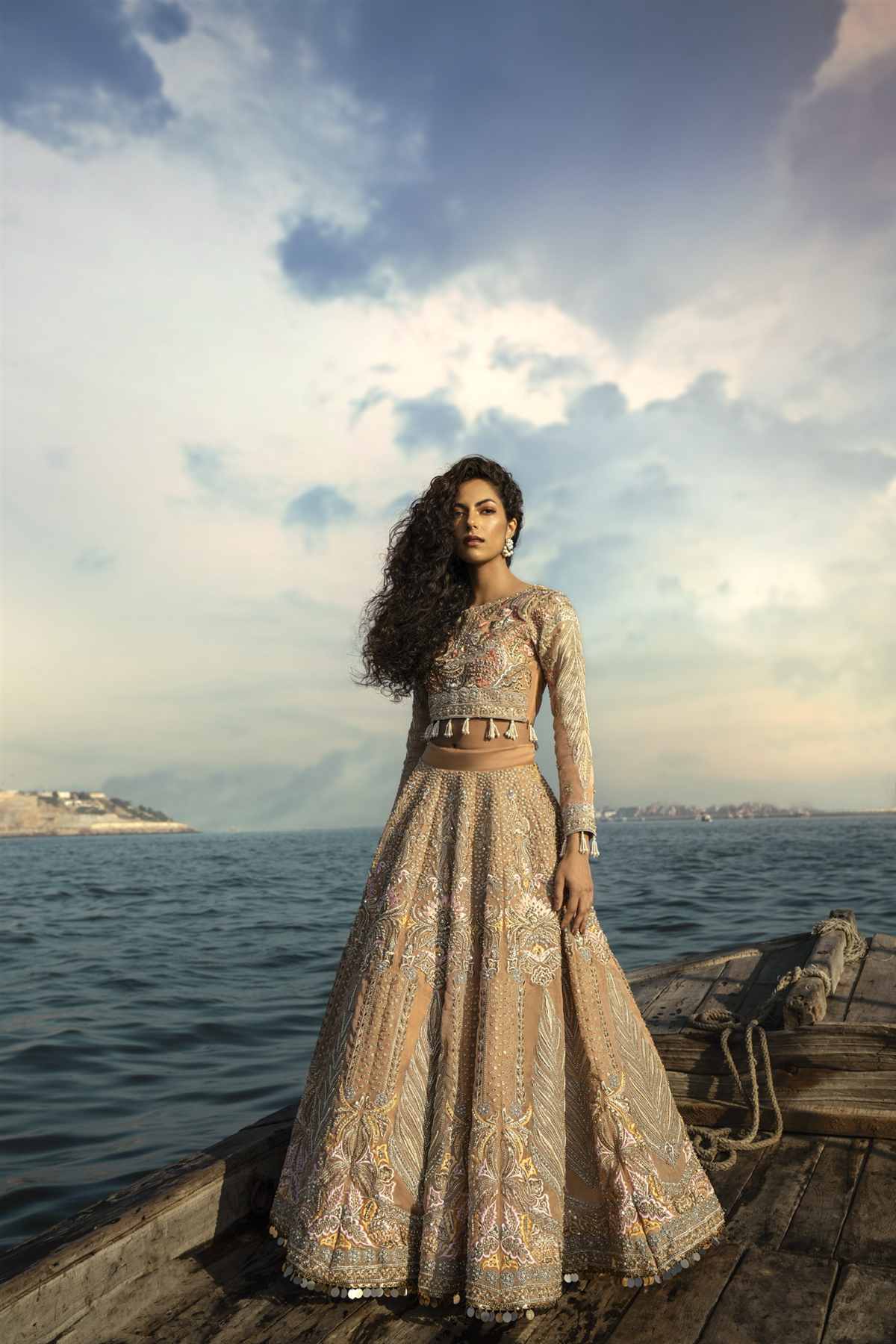Pakistani Pastel Peach Crystal & Stone Organza Lehenga (3-Piece) - Image 1