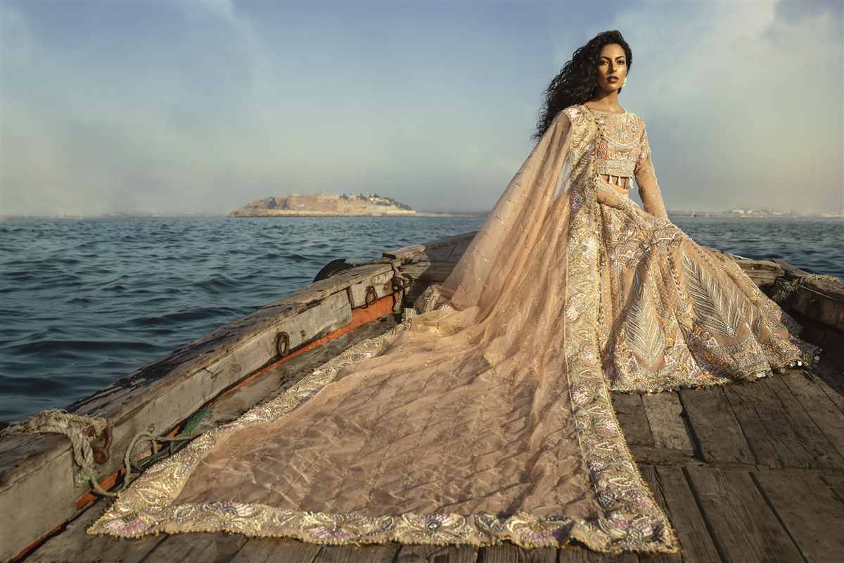 Pakistani Pastel Peach Crystal & Stone Organza Lehenga (3-Piece) - Image 2