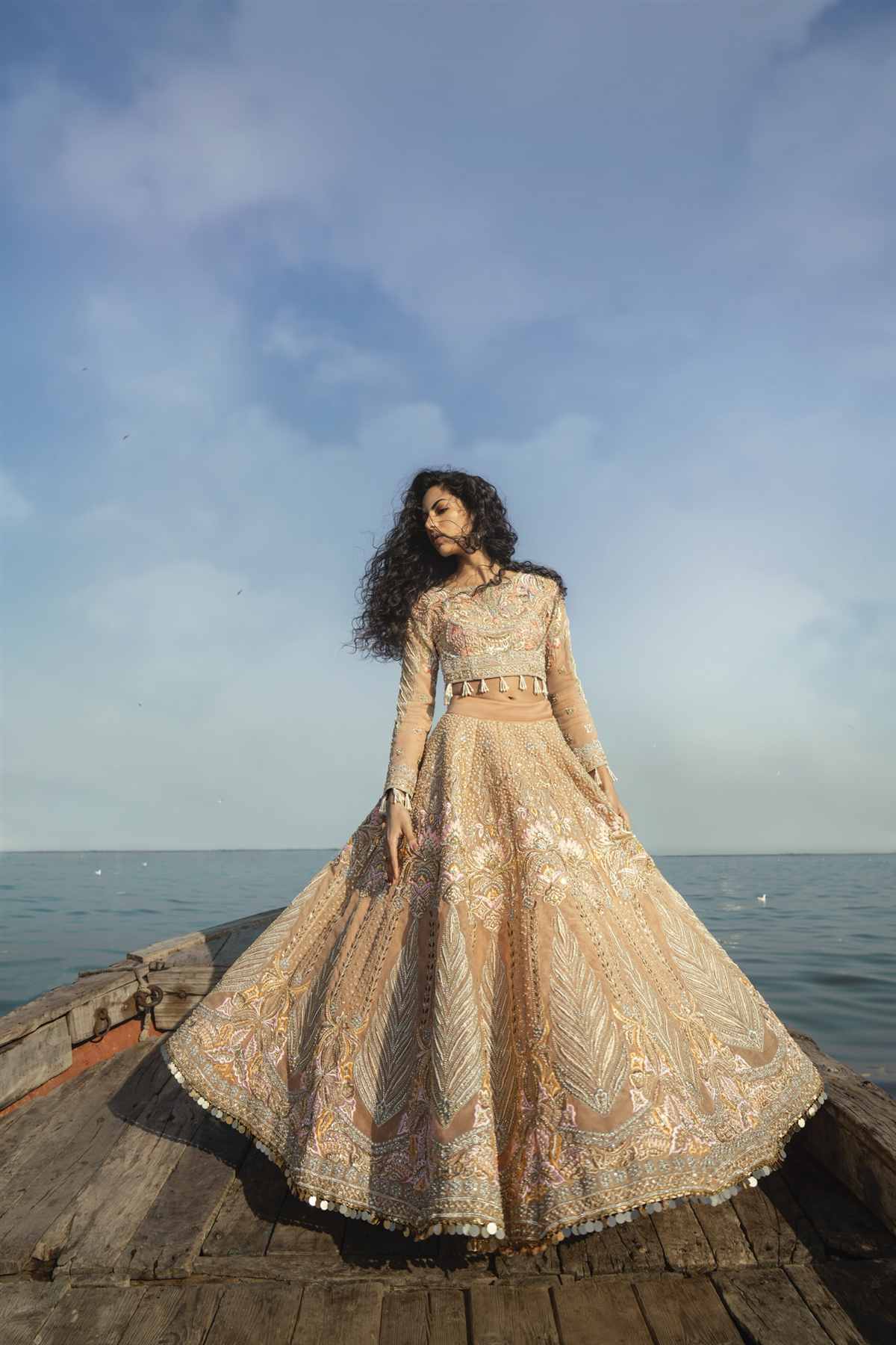 Pakistani Pastel Peach Crystal & Stone Organza Lehenga (3-Piece) - Image 3