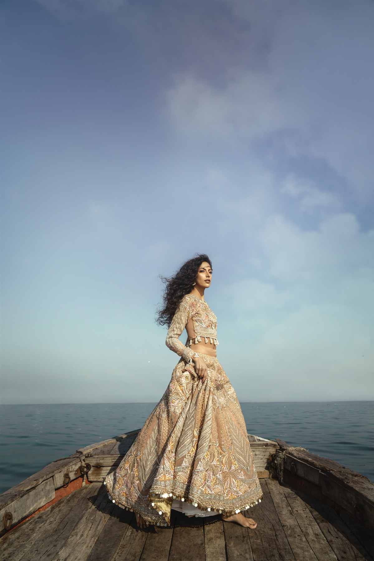 Pakistani Pastel Peach Crystal & Stone Organza Lehenga (3-Piece) - Image 4