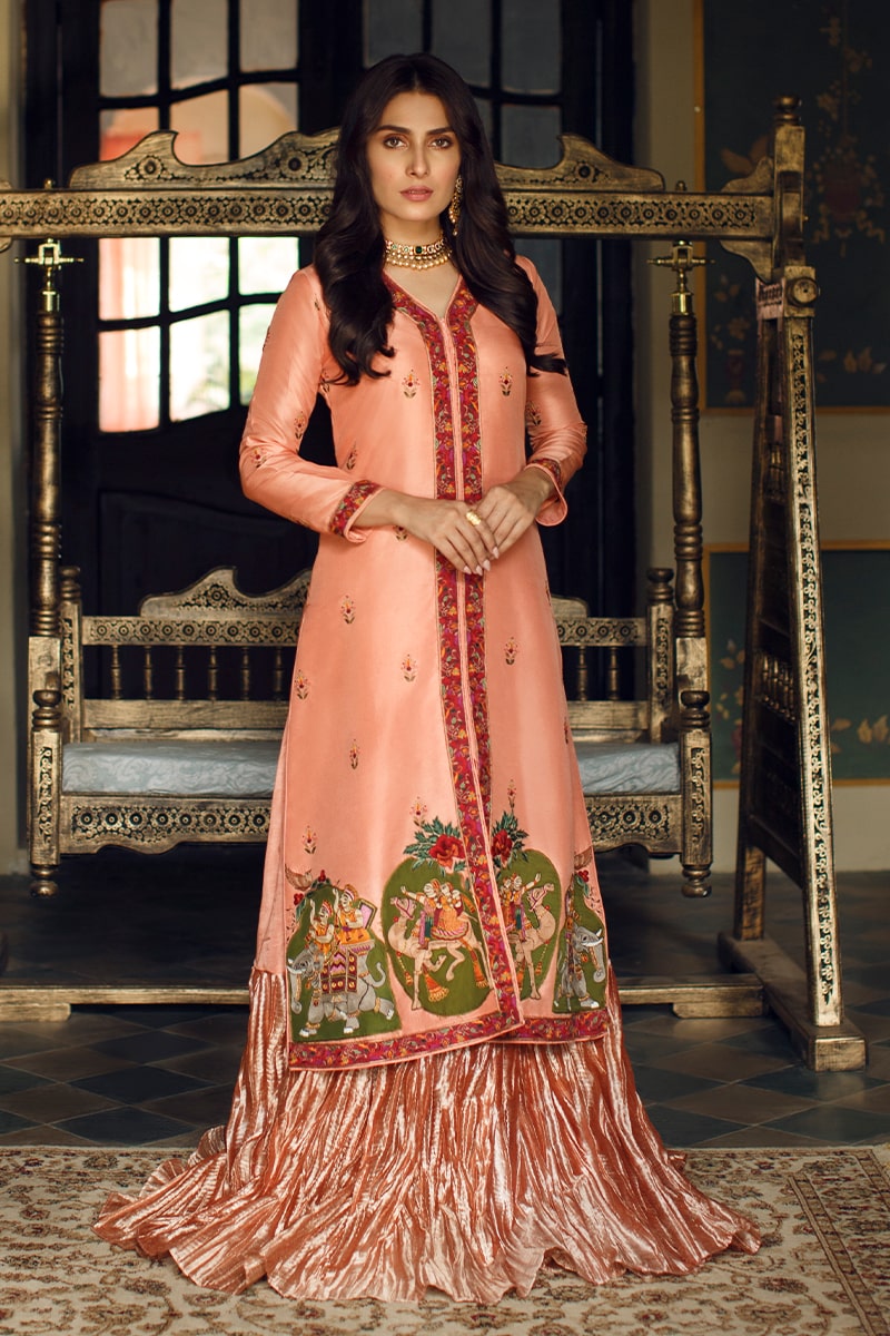 Cantaloupe Kashmiri Embroidered Silk Shirt & Lehenga (2-Piece) - Image 1