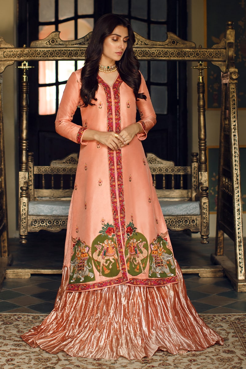 Cantaloupe Kashmiri Embroidered Silk Shirt & Lehenga (2-Piece) - Image 2
