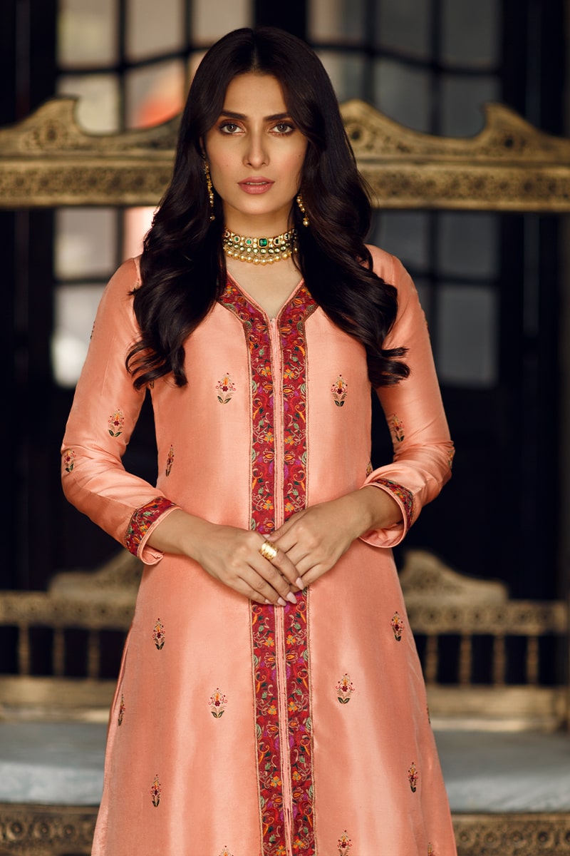 Cantaloupe Kashmiri Embroidered Silk Shirt & Lehenga (2-Piece) - Image 3