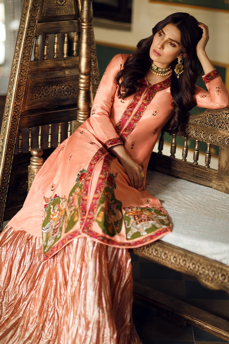 Cantaloupe Kashmiri Embroidered Silk Shirt & Lehenga (2-Piece) - Image 4