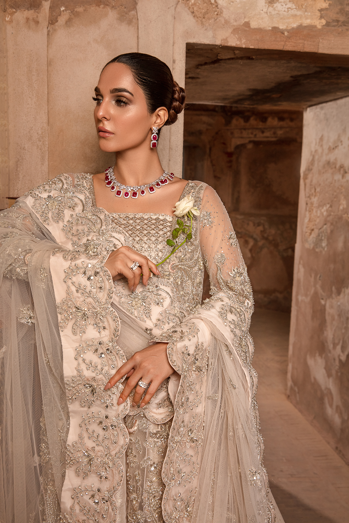 Peach Nude Embellished Net Bridal Gown (3-Piece) - Image 5