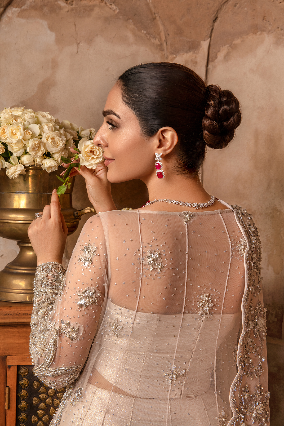 Peach Nude Embellished Net Bridal Gown (3-Piece) - Image 6