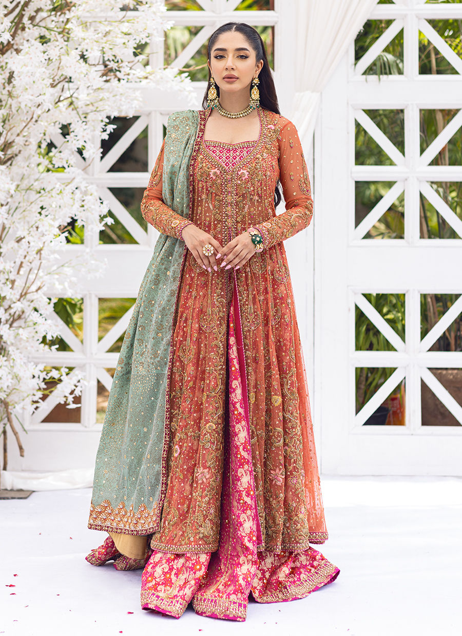 Pakistani Apricot Hand-Embellished Tulle & Raw Silk Lehenga (3-Piece) - Image 1
