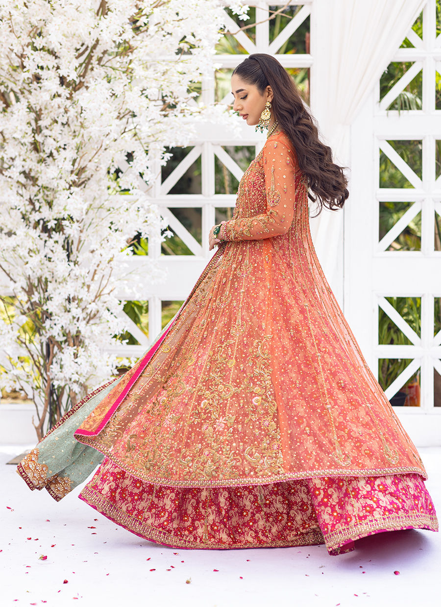 Pakistani Apricot Hand-Embellished Tulle & Raw Silk Lehenga (3-Piece) - Image 10