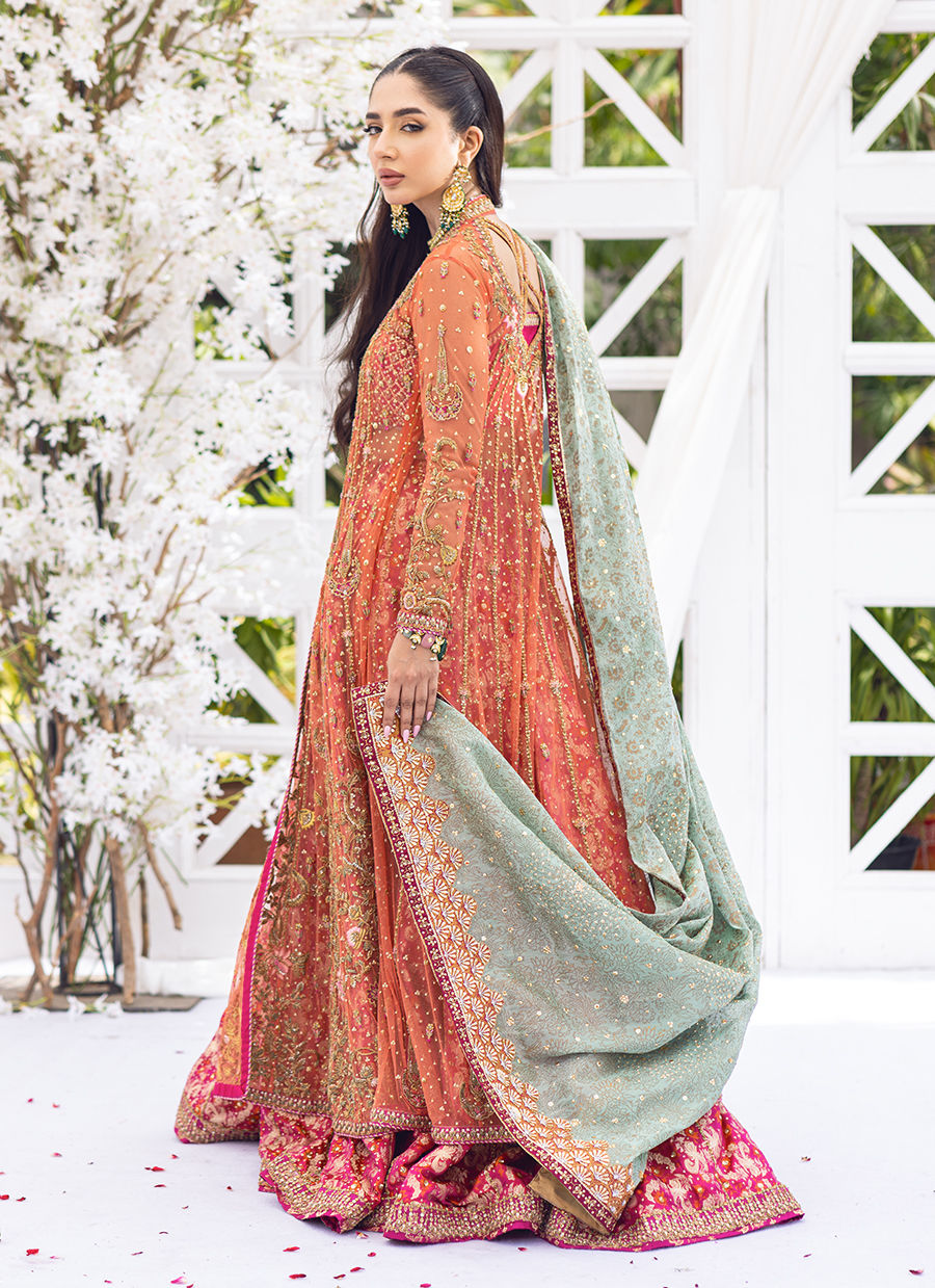 Pakistani Apricot Hand-Embellished Tulle & Raw Silk Lehenga (3-Piece) - Image 11
