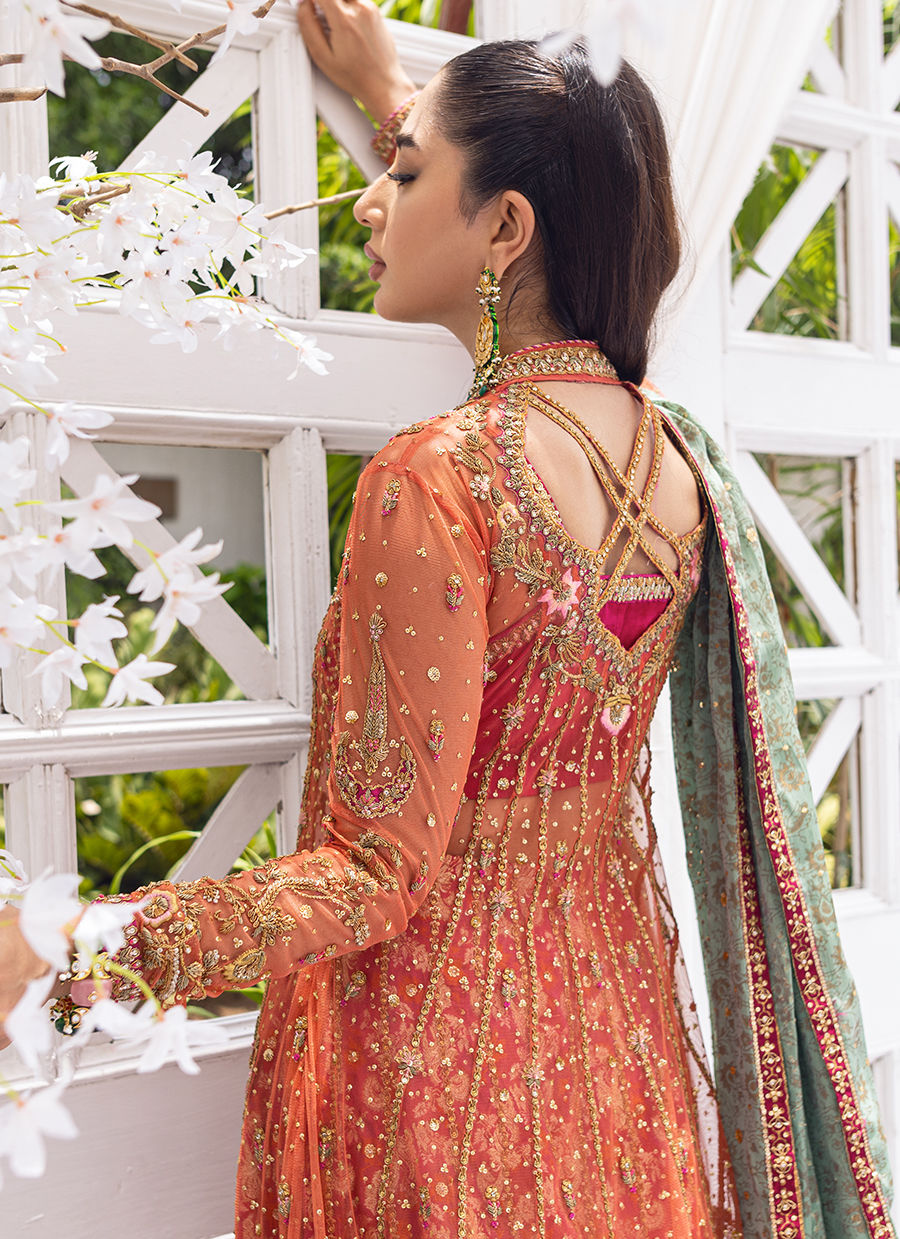 Pakistani Apricot Hand-Embellished Tulle & Raw Silk Lehenga (3-Piece) - Image 12