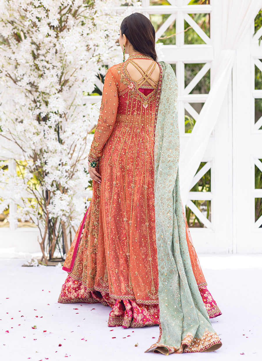 Pakistani Apricot Hand-Embellished Tulle & Raw Silk Lehenga (3-Piece) - Image 8