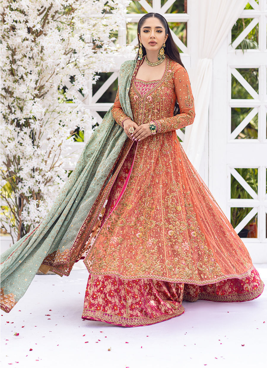 Pakistani Apricot Hand-Embellished Tulle & Raw Silk Lehenga (3-Piece) - Image 9