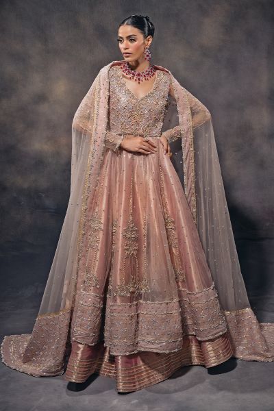 Indian Peach Hand-Embellished Tulle Kalidar Lehenga (3-Piece) - Image 1